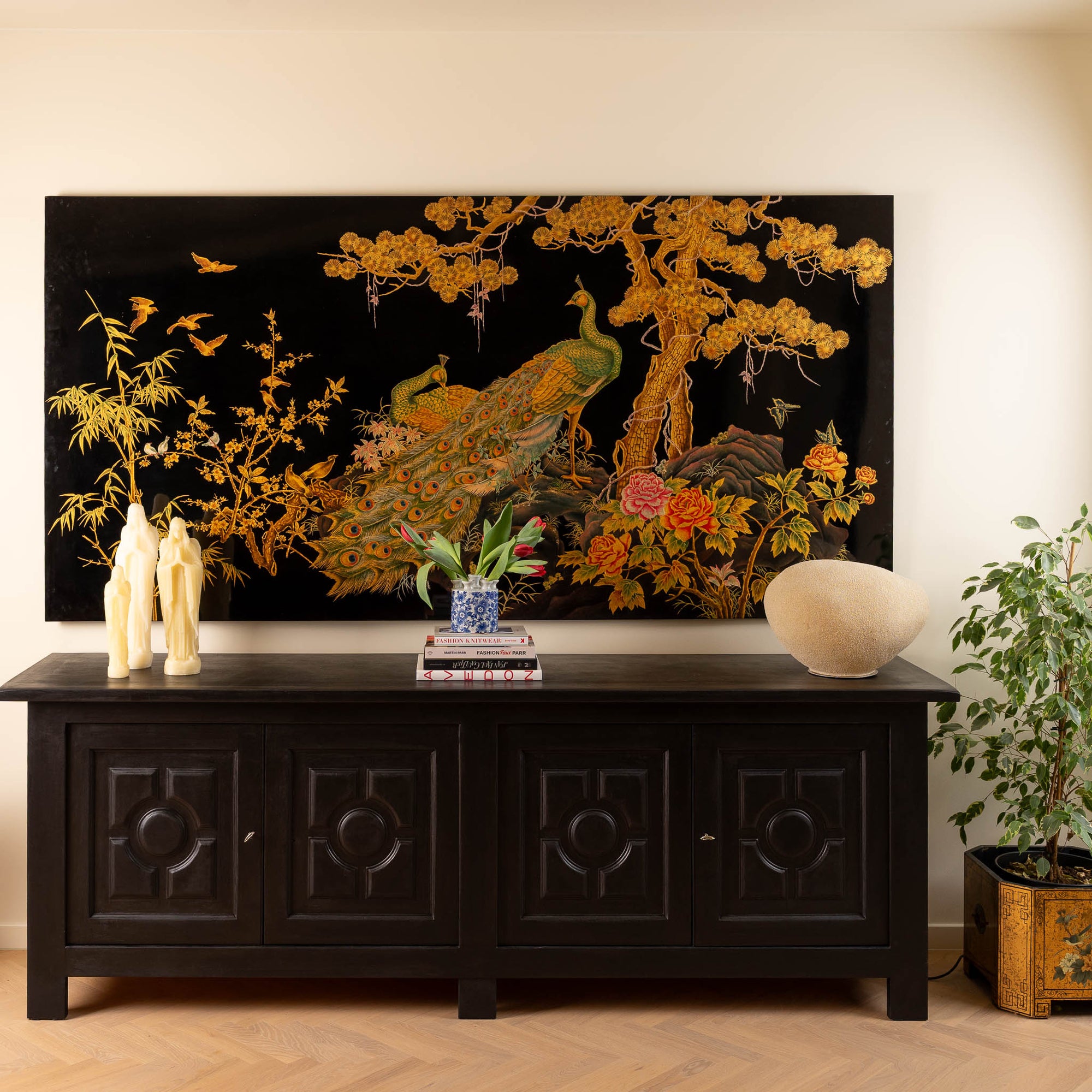 Large Hand-Painted Asian Lacquer Panel