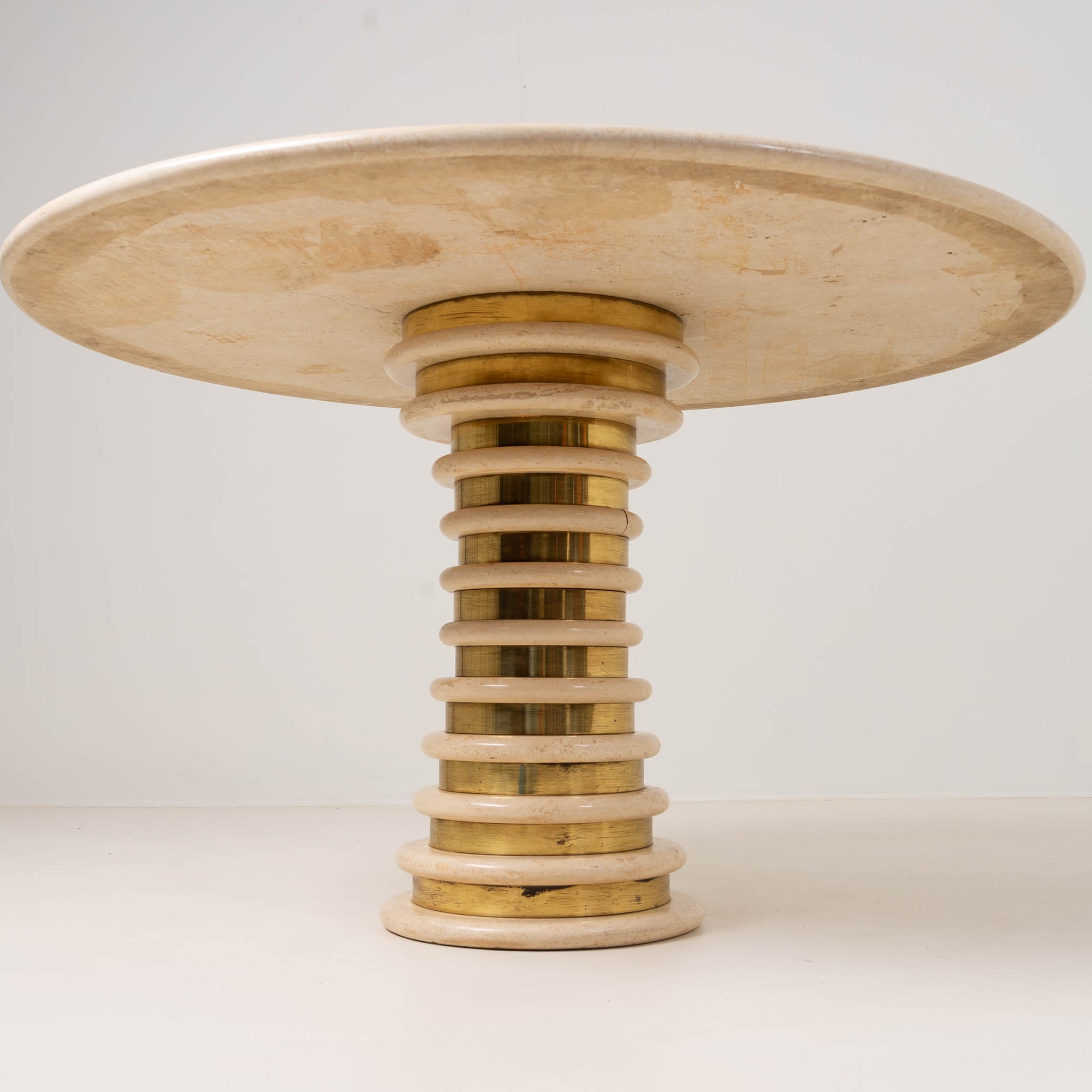 Italian Travertine and Brass Pedestal Dining Table Attributed to Marzio Cecchi for Studio Most, Italy,