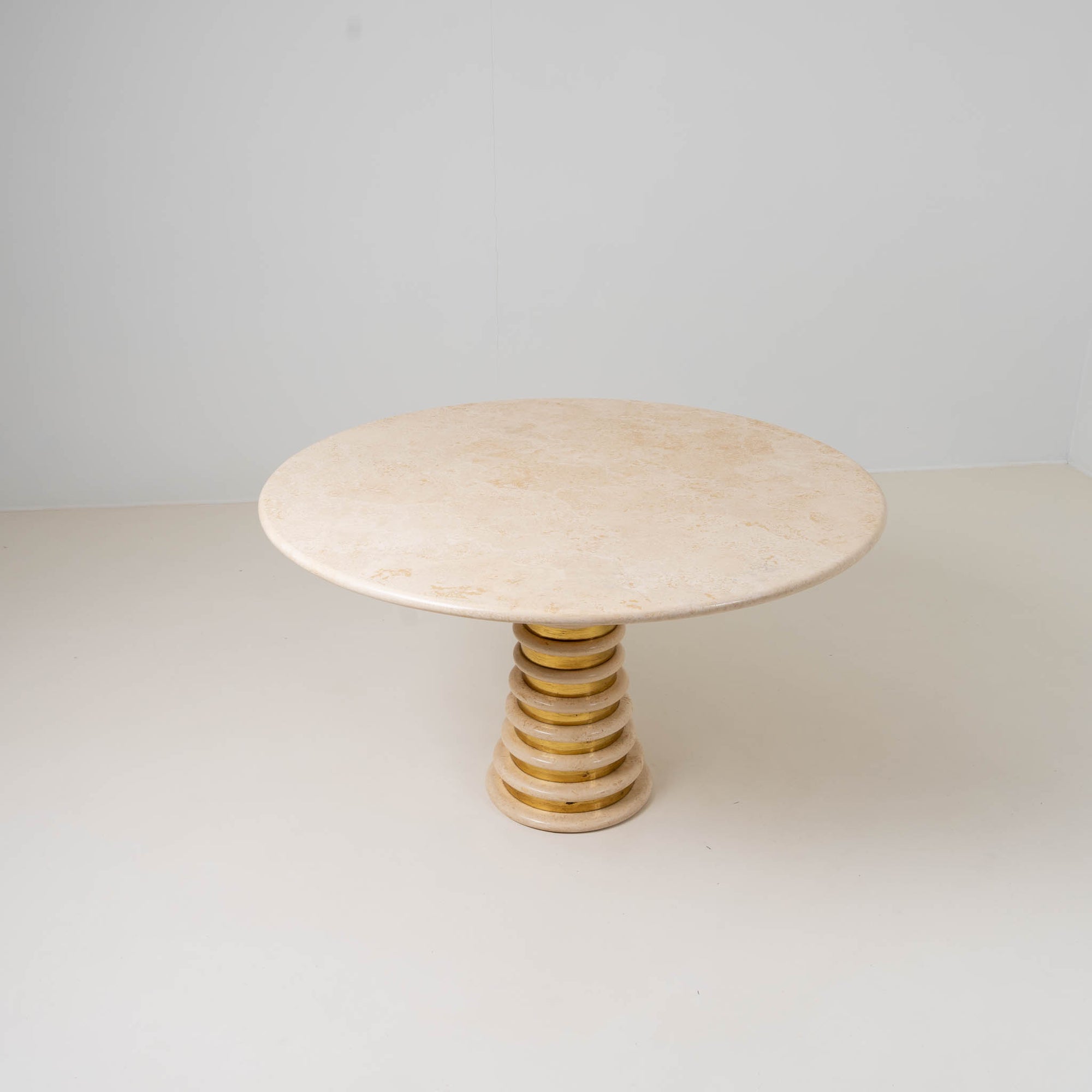 Italian Travertine and Brass Pedestal Dining Table Attributed to Marzio Cecchi for Studio Most, Italy,
