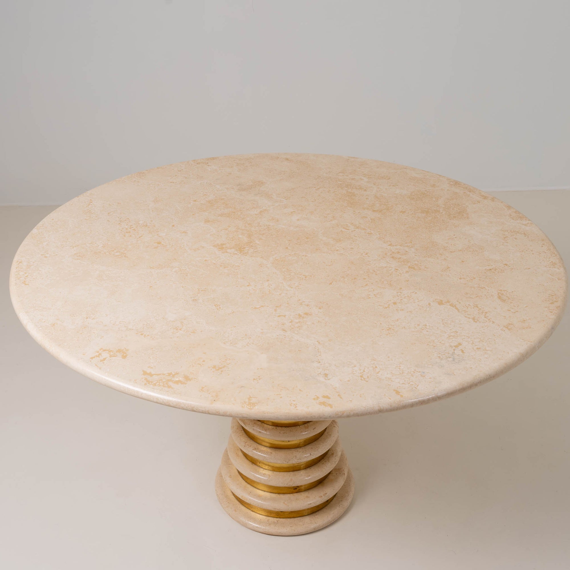 Italian Travertine and Brass Pedestal Dining Table Attributed to Marzio Cecchi for Studio Most, Italy,