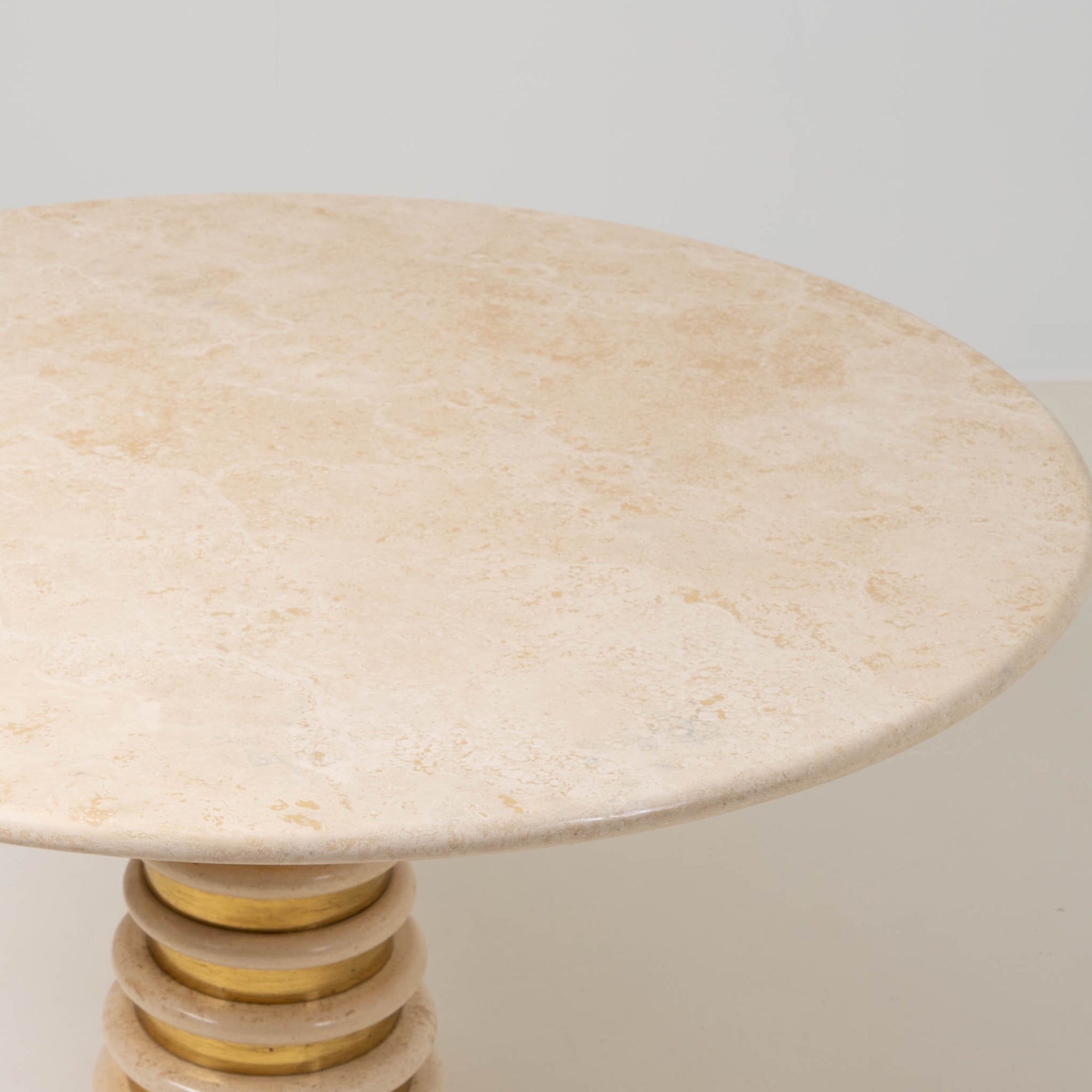 Italian Travertine and Brass Pedestal Dining Table Attributed to Marzio Cecchi for Studio Most, Italy,